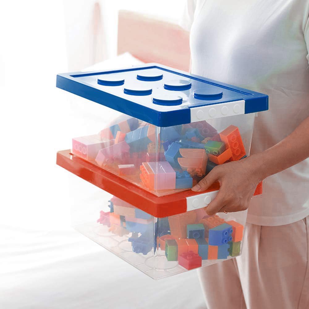 Plastic Storage Bins with Lids - Stackable Toy Storage Organizer Box Set of 2, Toy Chests with Compatible Building Baseplate and Lid, Storage Container for Building Bricks - Red+Blue