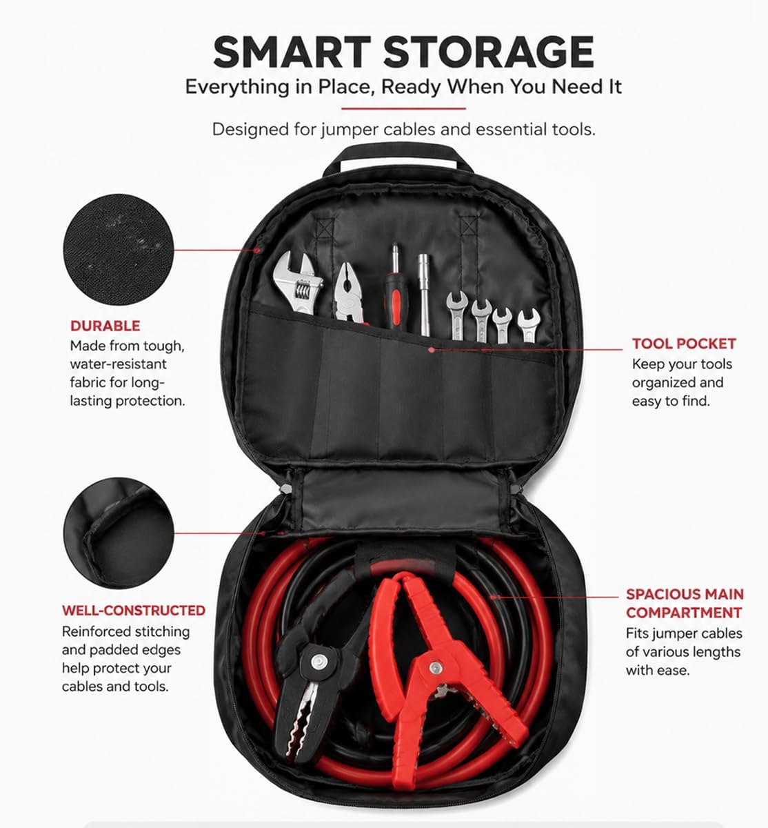 Heavy-Duty Cable Storage Bag Waterproof Cable Organizer for Jumper Cable