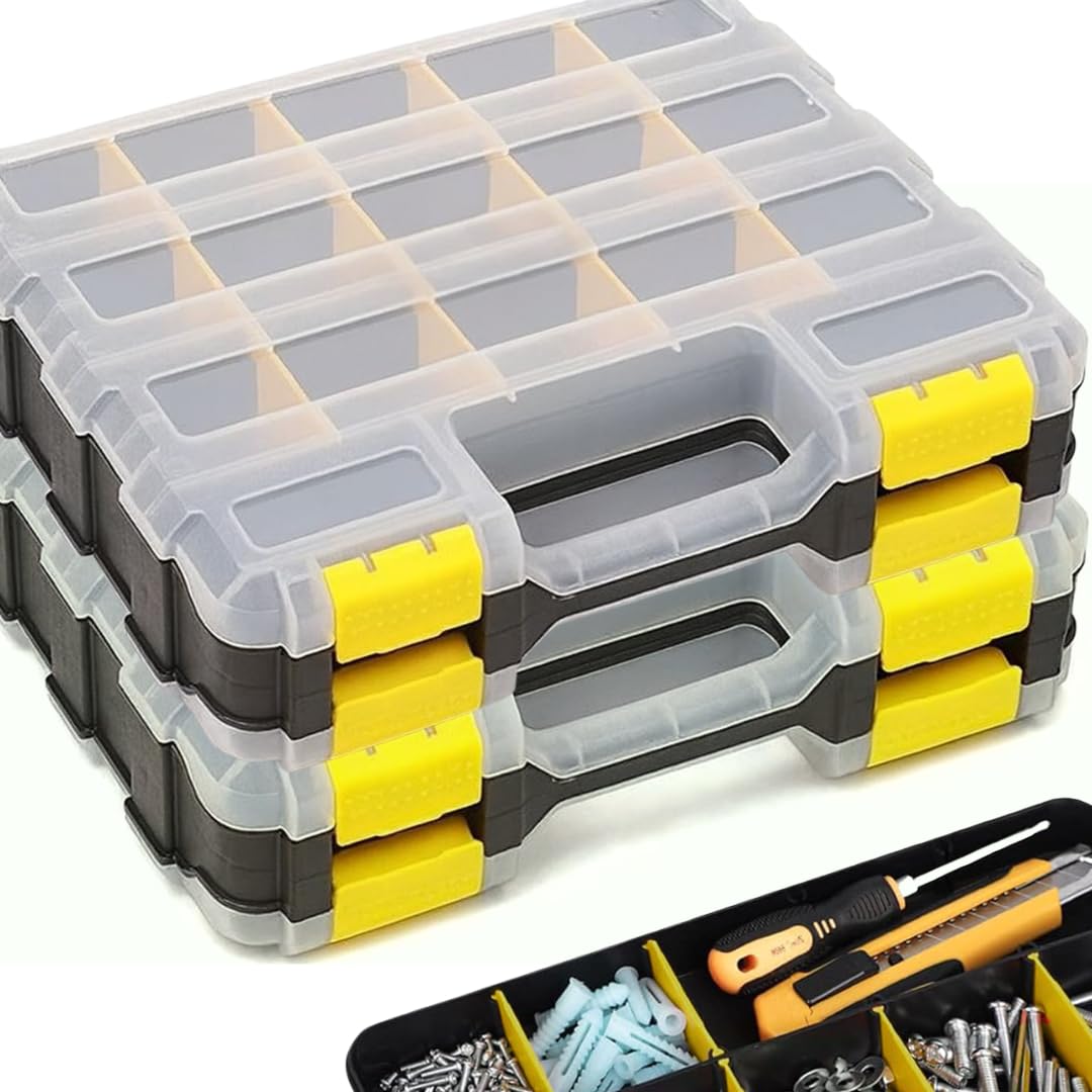 Andalus Tools Organizer Box, Small Parts Storage 34-Compartment Double-Sided Portable Hardware Organizer Removable Plastic Dividers for Screws, Nuts, Bolts, Nails – Orange (2 Pack, 12.5" x 10.5" x 3")