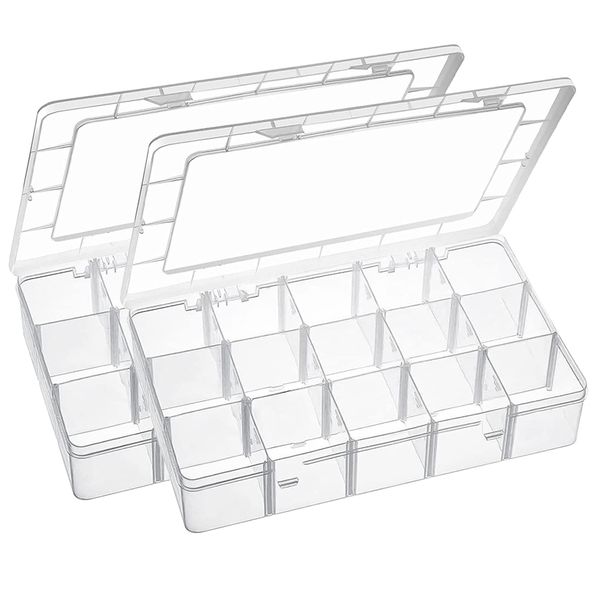 Exptolii 15 Large Grids Plastic Organizer Box with Dividers, 2 Pack Clear Compartment Container Storage for Washi Tapes Beads Crafts Jewelry Fishing Tackles, Size 11 x 6.3 x 2.2 in