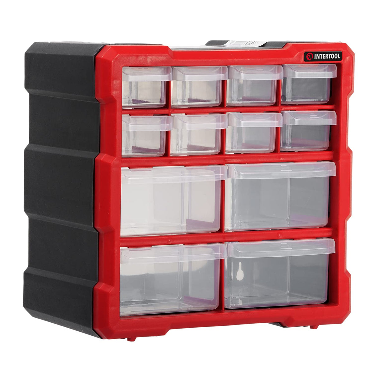INTERTOOL Small Parts Organizer - 12 Removeable Bin Drawers - Tool Box for Storing Hardware and Garage Organization - For Screws, Bolts, Legos, Arts and Crafts - 10” x 10” x 6” - BX08-4024