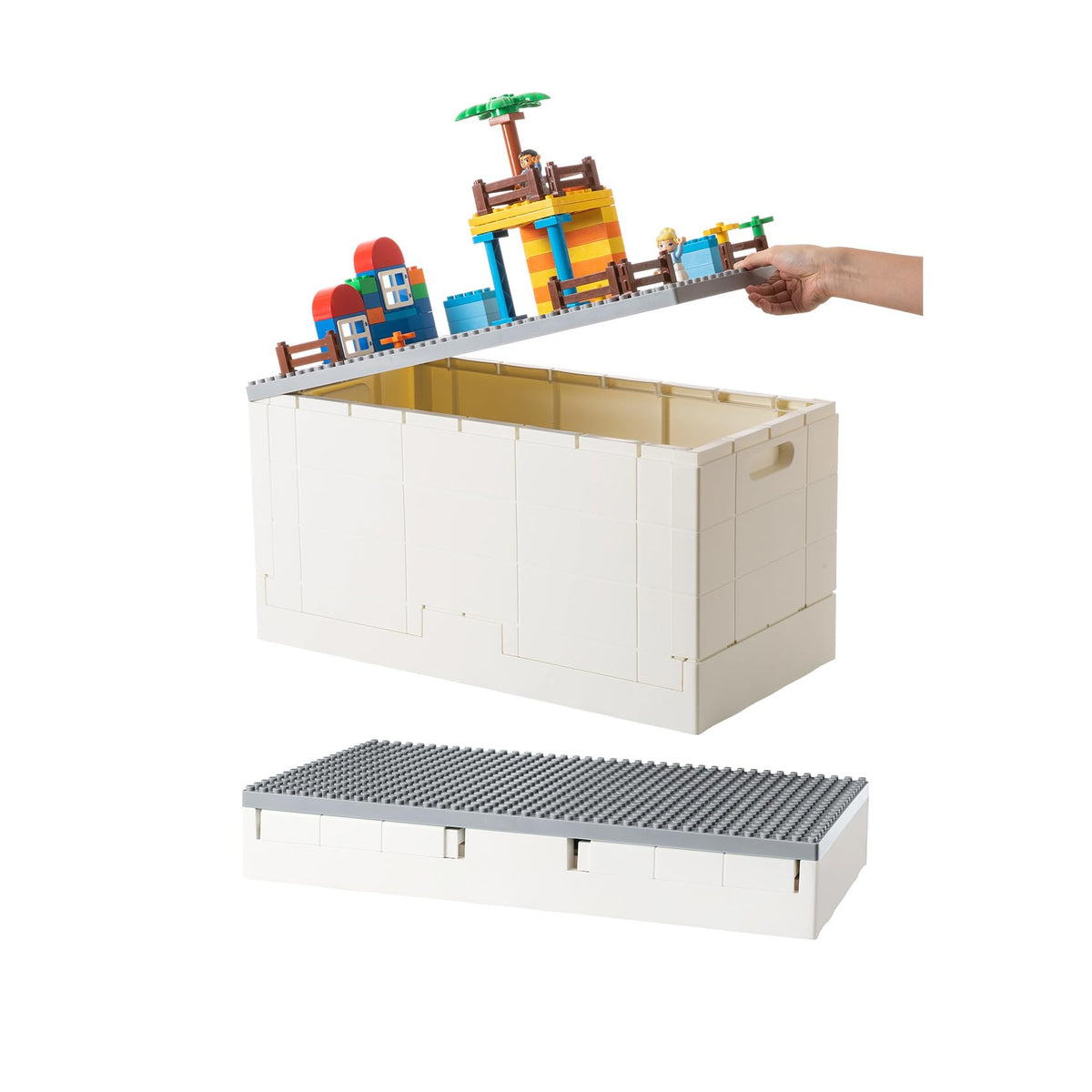 53 Qt. Folding Storage Box with Large Building Lid for Lego Duplo Blocks, 13 Gallon Collapsible Organizer for Lego Bricks (Dark Green)