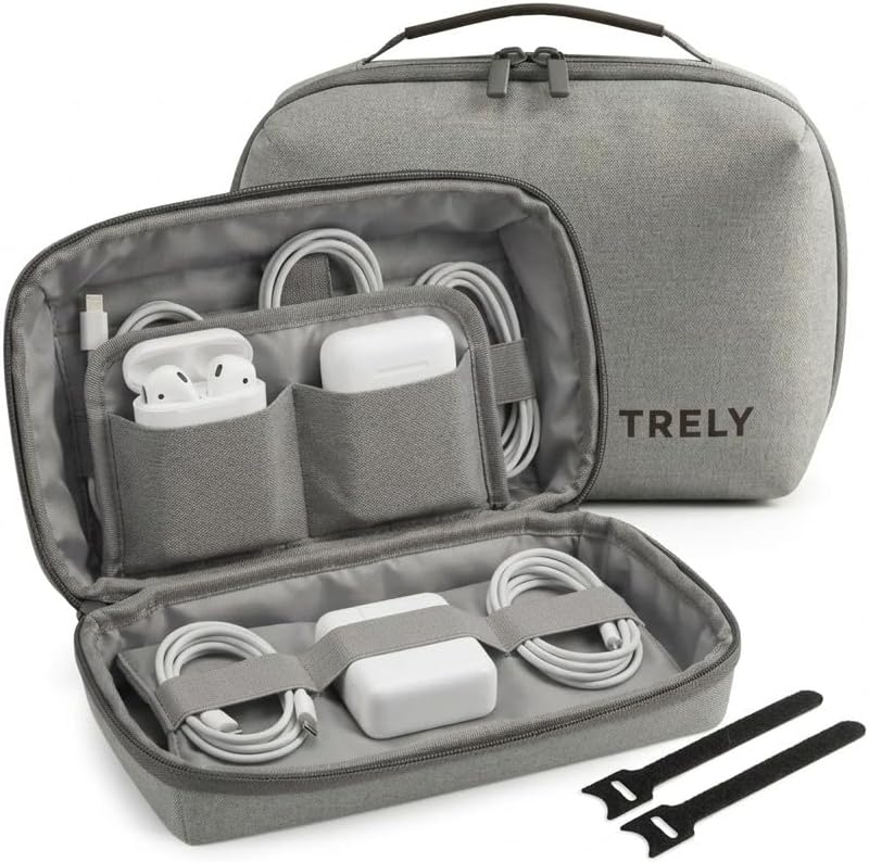 Tech Pouch & Travel Organizer, Electronics Case, 2 Cable Straps, Grey