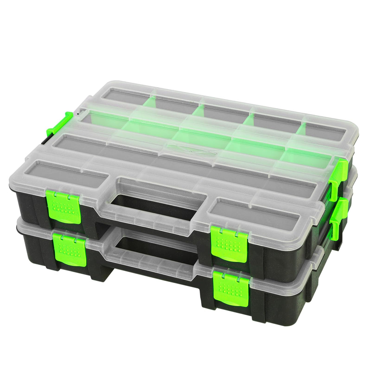 Jack Boss Tool Box with Transparent Lid, Double Side 34-Compartments Organizer Box with Removable Dividers for Hardware, Screws, Bolts, Nails, Beads, Jewelry and Fishing Accessories, Green, 2 Pack