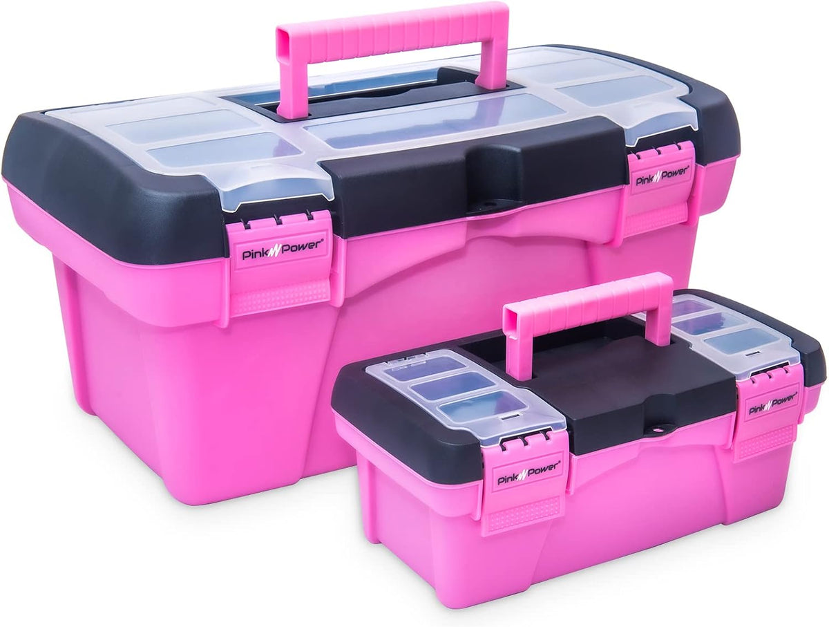 Pink Tool Box for Women - Sewing, Art & Craft Organizer Small & Large Plastic Tool Box with Handle - Pink Toolbox Sewing Tool Storage Box - Portable Mini Locking Tool Boxes (2 Pack)