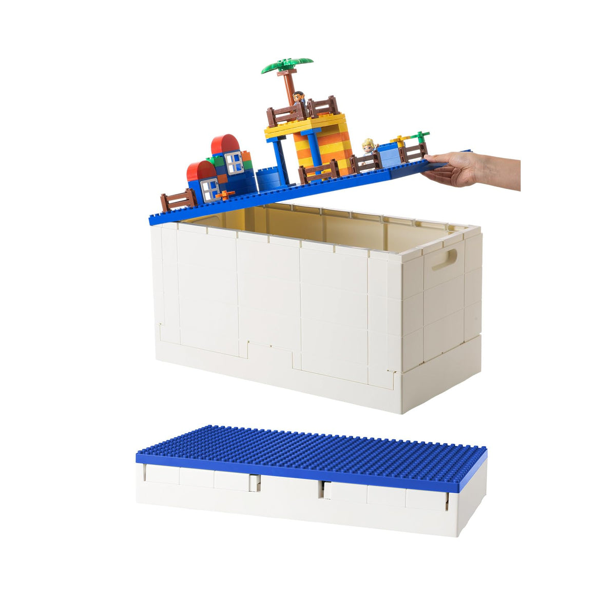 53 Qt. Folding Storage Box with Large Building Lid for Lego Duplo Blocks, 13 Gallon Collapsible Organizer for Lego Bricks (Dark Green)