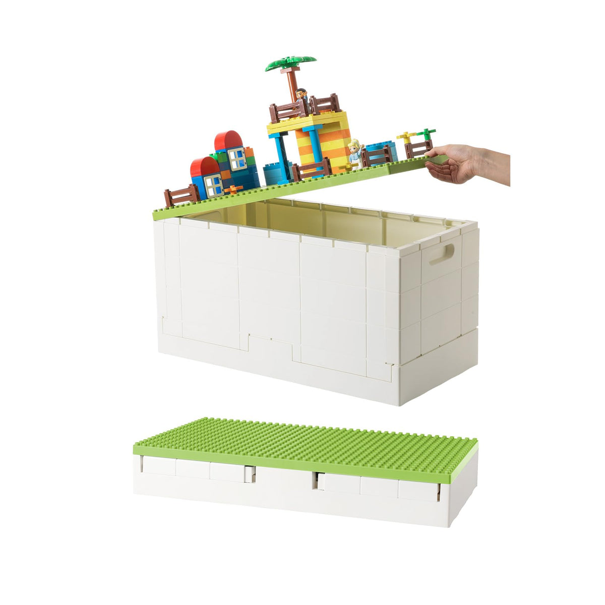 53 Qt. Folding Storage Box with Large Building Lid for Lego Duplo Blocks, 13 Gallon Collapsible Organizer for Lego Bricks (Dark Green)