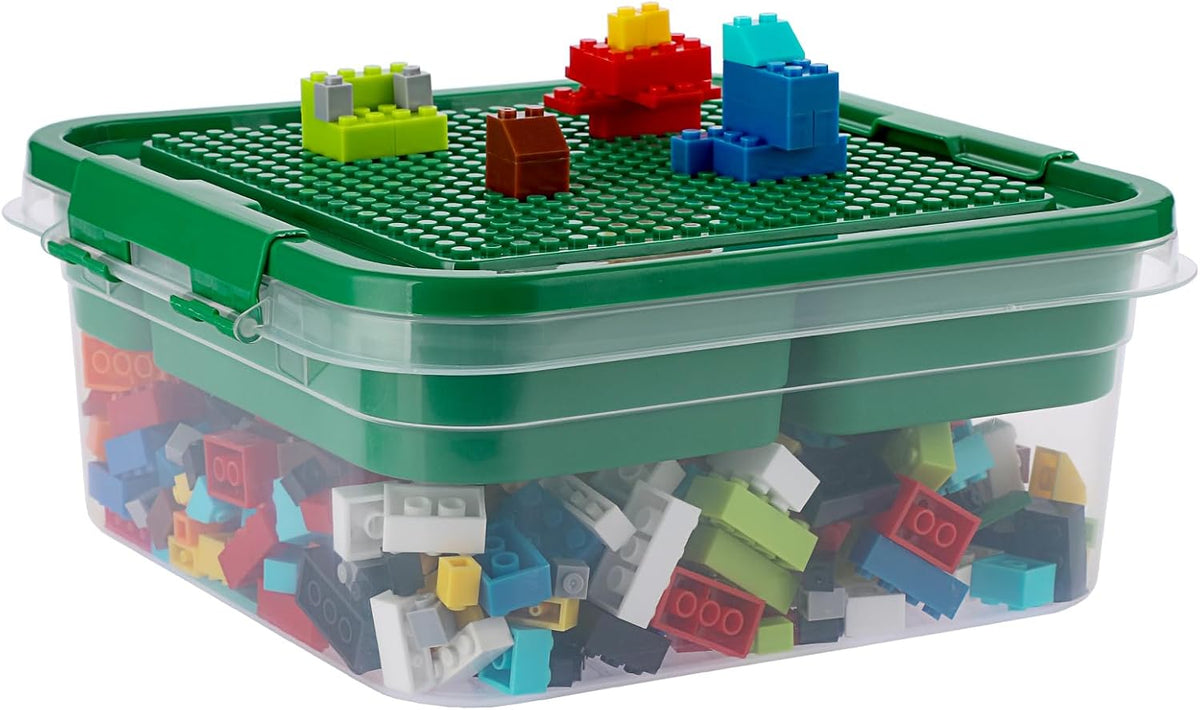 Plastic Storage Container with Bricks Baseplate Lid for Blocks, Green