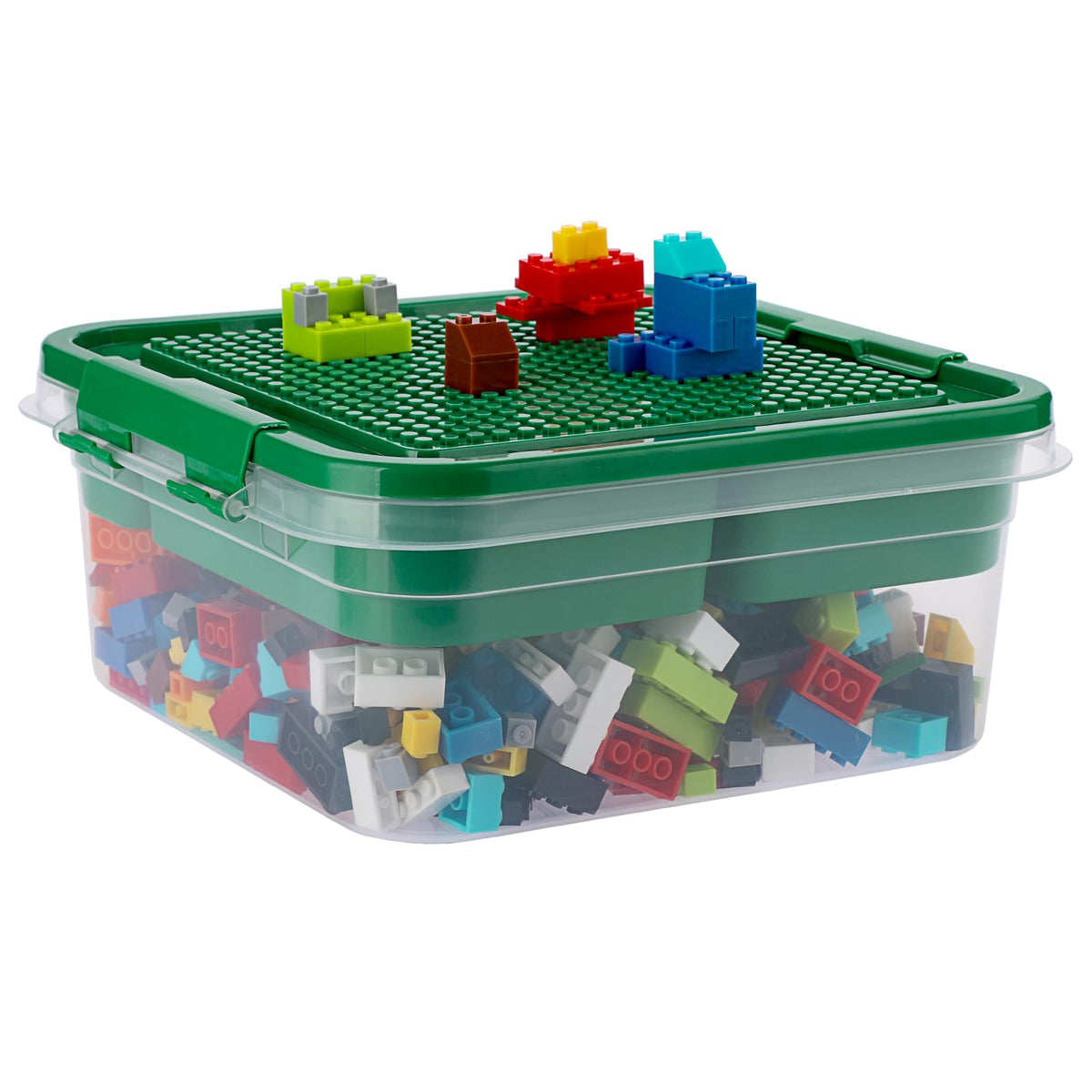 Plastic Storage Container with Bricks Baseplate Lid for Blocks, Green