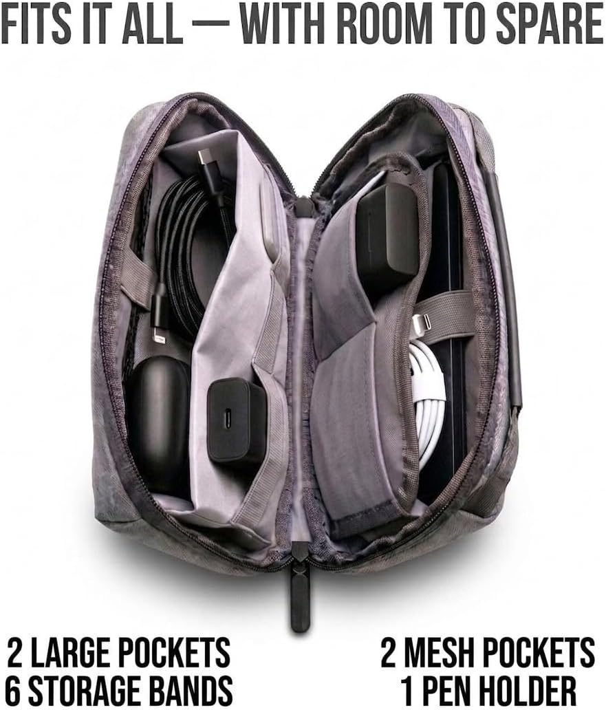Tech Pouch & Travel Organizer, Electronics Case, 2 Cable Straps, Grey