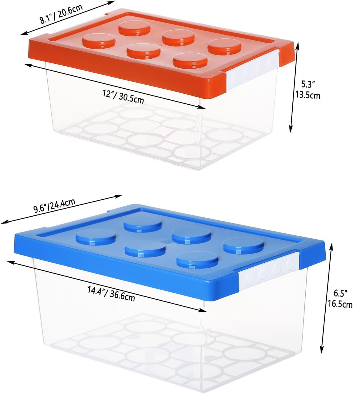 Plastic Storage Bins with Lids - Stackable Toy Storage Organizer Box Set of 2, Toy Chests with Compatible Building Baseplate and Lid, Storage Container for Building Bricks - Red+Blue