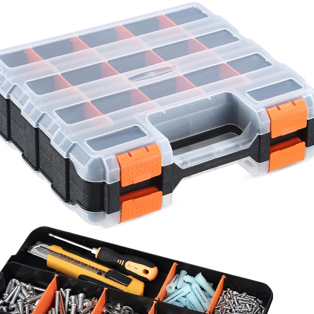 Andalus Tools Organizer Box, Small Parts Storage 34-Compartment Double-Sided Portable Hardware Organizer Removable Plastic Dividers for Screws, Nuts, Bolts, Nails – Orange (2 Pack, 12.5" x 10.5" x 3")