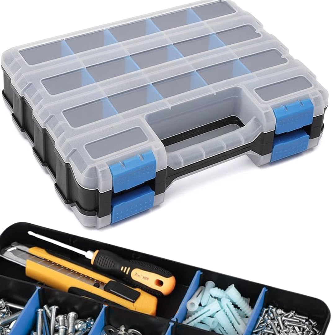 Andalus Tools Organizer Box, Small Parts Storage 34-Compartment Double-Sided Portable Hardware Organizer Removable Plastic Dividers for Screws, Nuts, Bolts, Nails – Orange (2 Pack, 12.5" x 10.5" x 3")