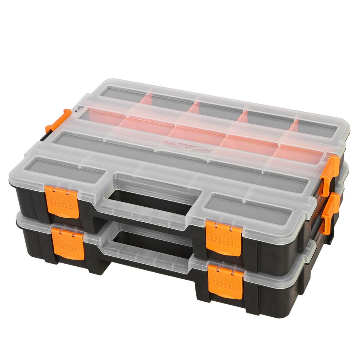 Jack Boss Tool Box with Transparent Lid, Double Side 34-Compartments Organizer Box with Removable Dividers for Hardware, Screws, Bolts, Nails, Beads, Jewelry and Fishing Accessories, Green, 2 Pack