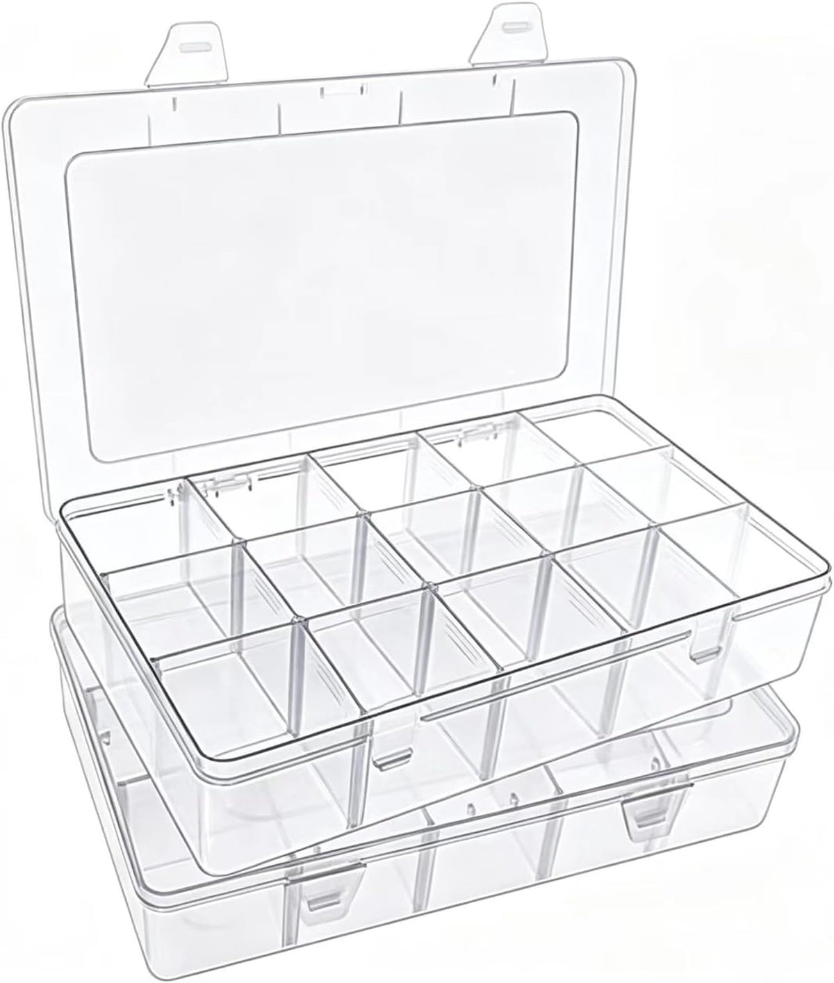 Clear Plastic Organizer Box with Adjustable Dividers, 15 Large Grids, 2 Pack, for Beads, Crafts, Fishing Tackle and Lego Storage, Includes Label Stickers