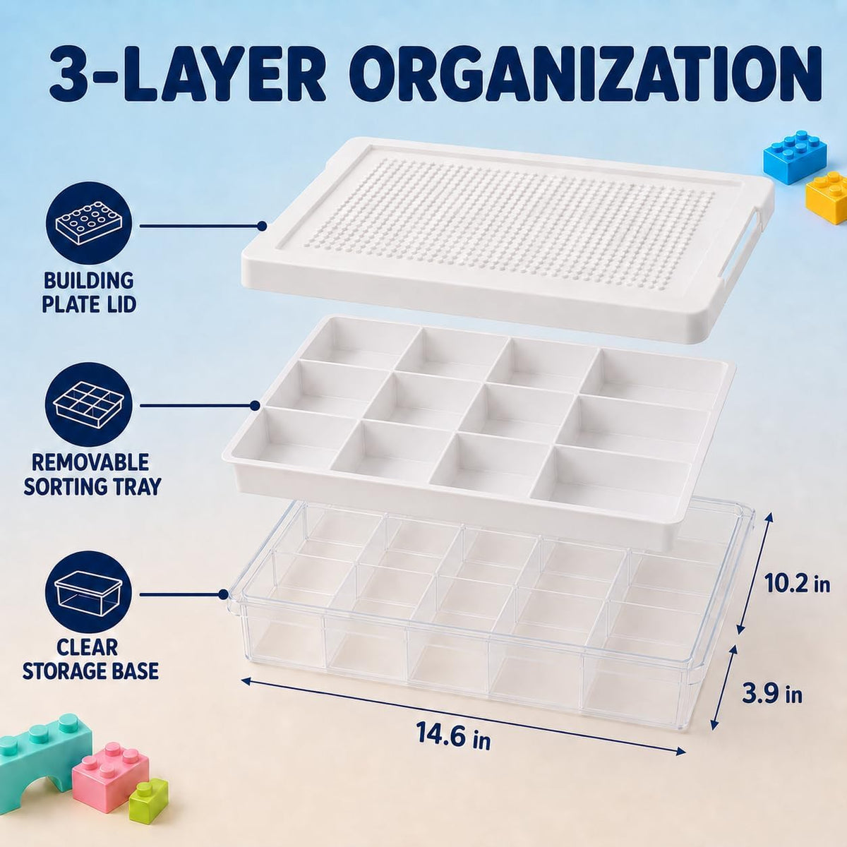 Toy Storage Organizer Box for Lego Bricks with Compatible Building Plate Lid, 3-Layer Removable Sorting Trays, Stackable Plastic Storage Bin, Building Block Organization (1pc-white)