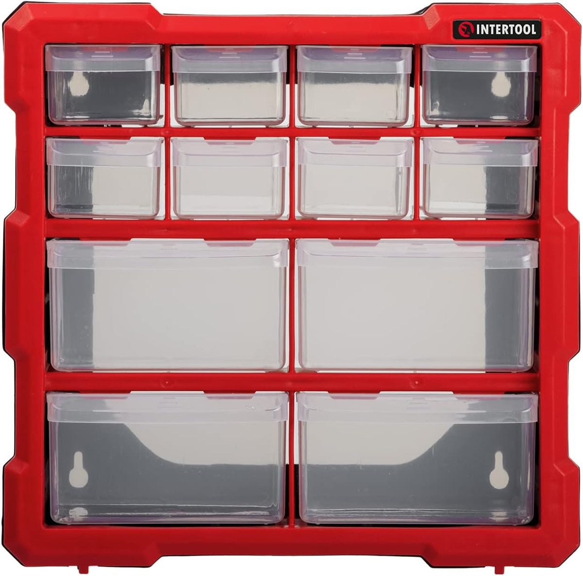 INTERTOOL Small Parts Organizer - 12 Removeable Bin Drawers - Tool Box for Storing Hardware and Garage Organization - For Screws, Bolts, Legos, Arts and Crafts - 10” x 10” x 6” - BX08-4024