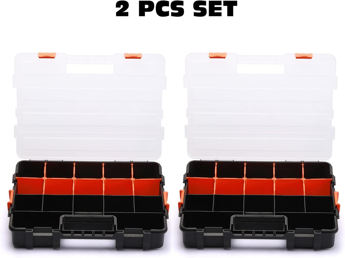 Tool Box Organizer Interlocking Black Small Parts Organizer for Fasteners and Crafts w/Removable Dividers (2 Piece Pack)