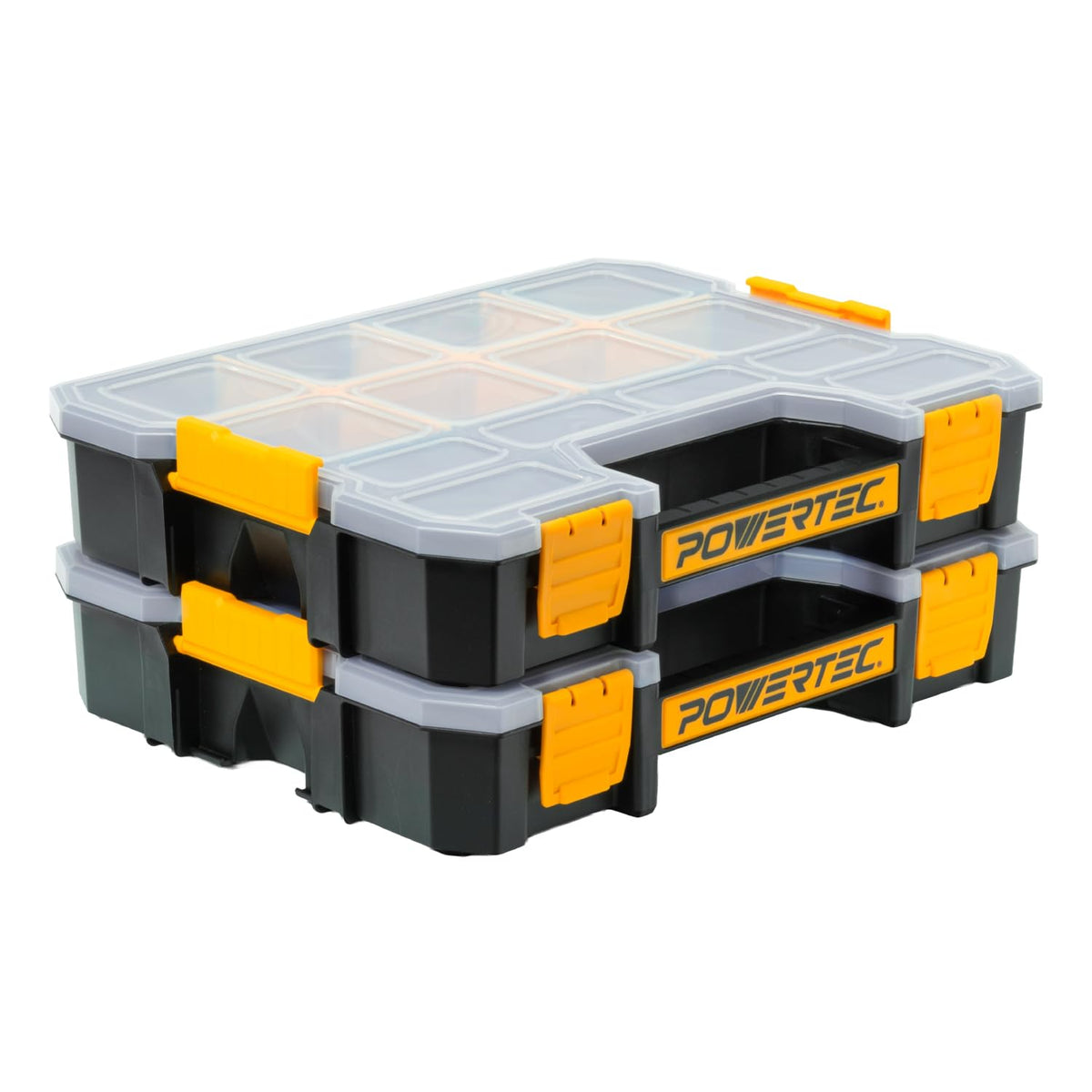 POWERTEC Stackable Tool Box Organizer with Removable Dividers - 17 Compartments, Interlocking, Portable Design, 2-Pack (72118-P2)