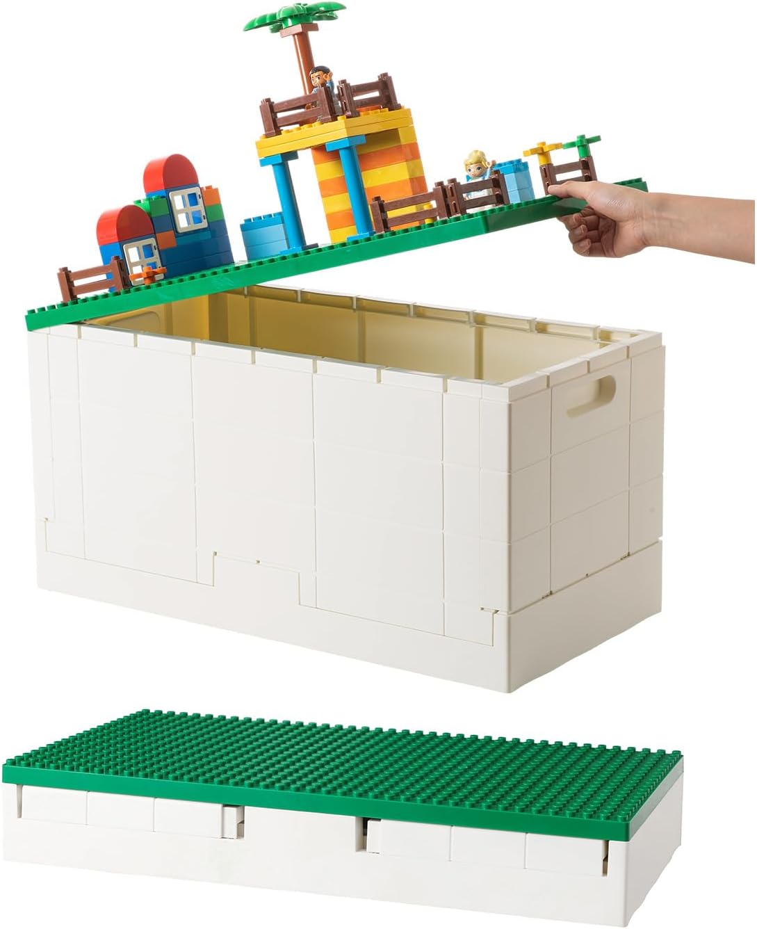 53 Qt. Folding Storage Box with Large Building Lid for Lego Duplo Blocks, 13 Gallon Collapsible Organizer for Lego Bricks (Dark Green)