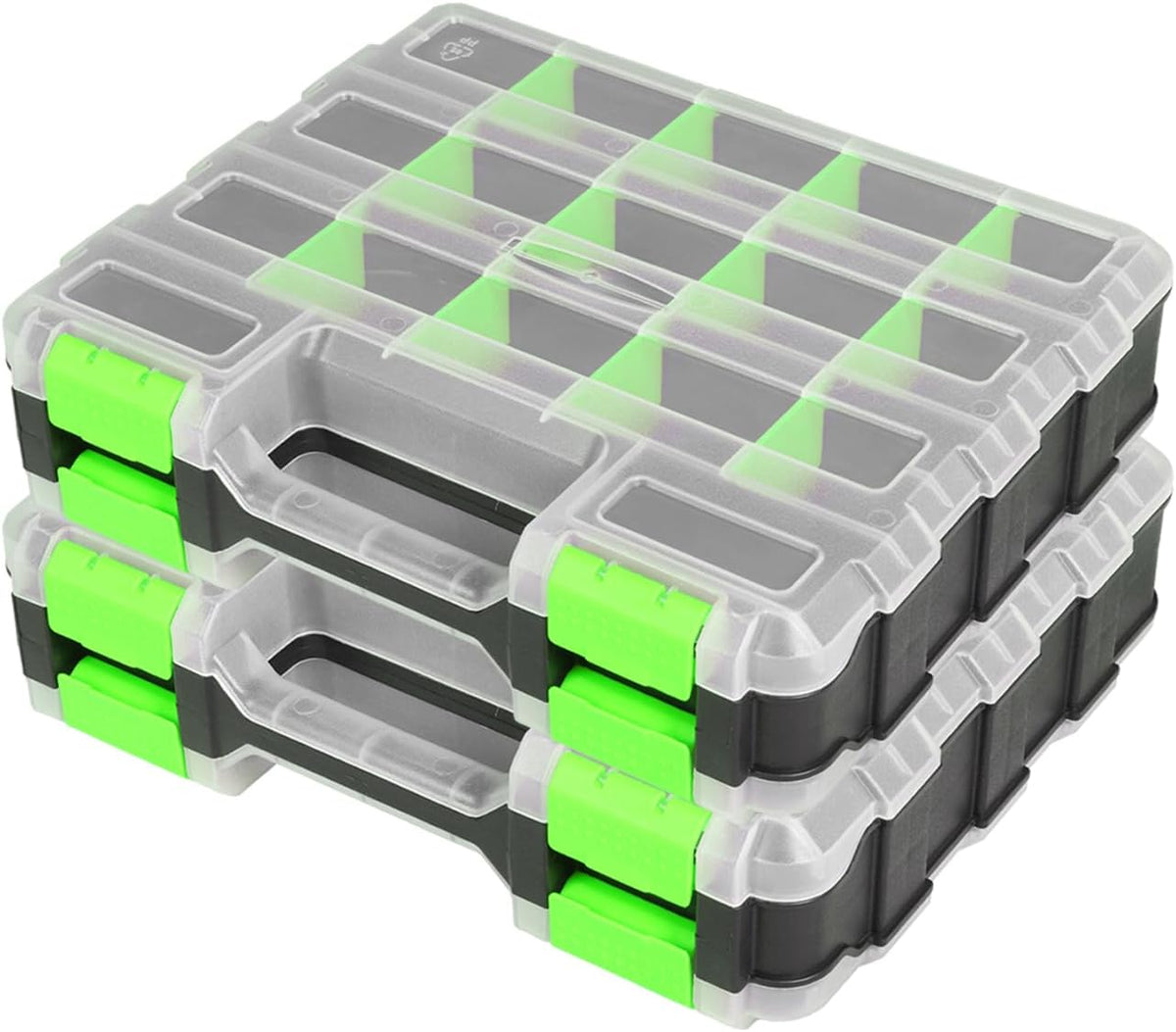 Tool Box with Transparent Lid, Double Side 34-Compartments Organizer Box with Removable Dividers for Hardware, Screws, Bolts, Nails, Beads, Jewelry and Fishing Accessories, Green, 2 Packs