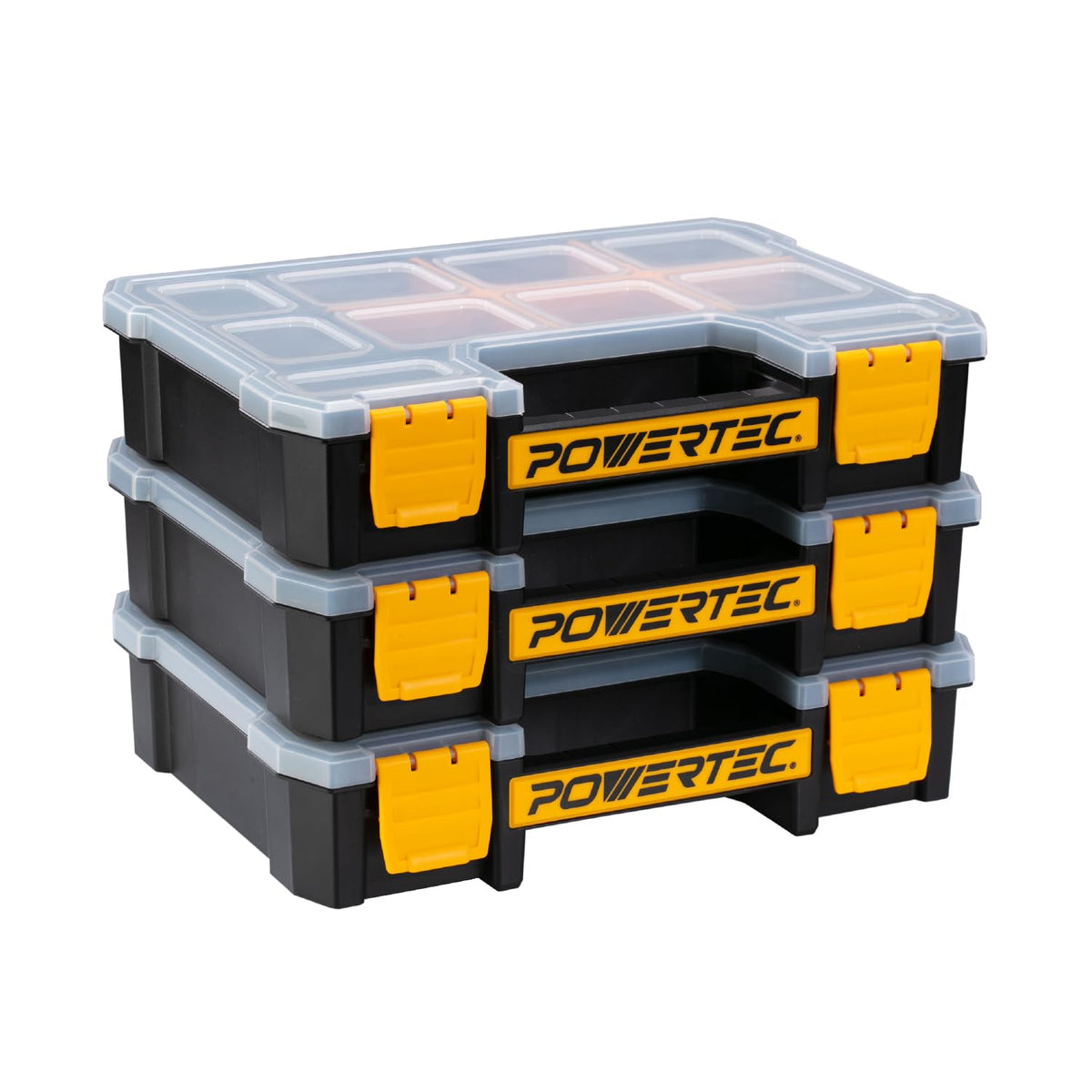 POWERTEC Stackable Tool Box Organizer with Removable Dividers - 17 Compartments, Interlocking, Portable Design, 2-Pack (72118-P2)