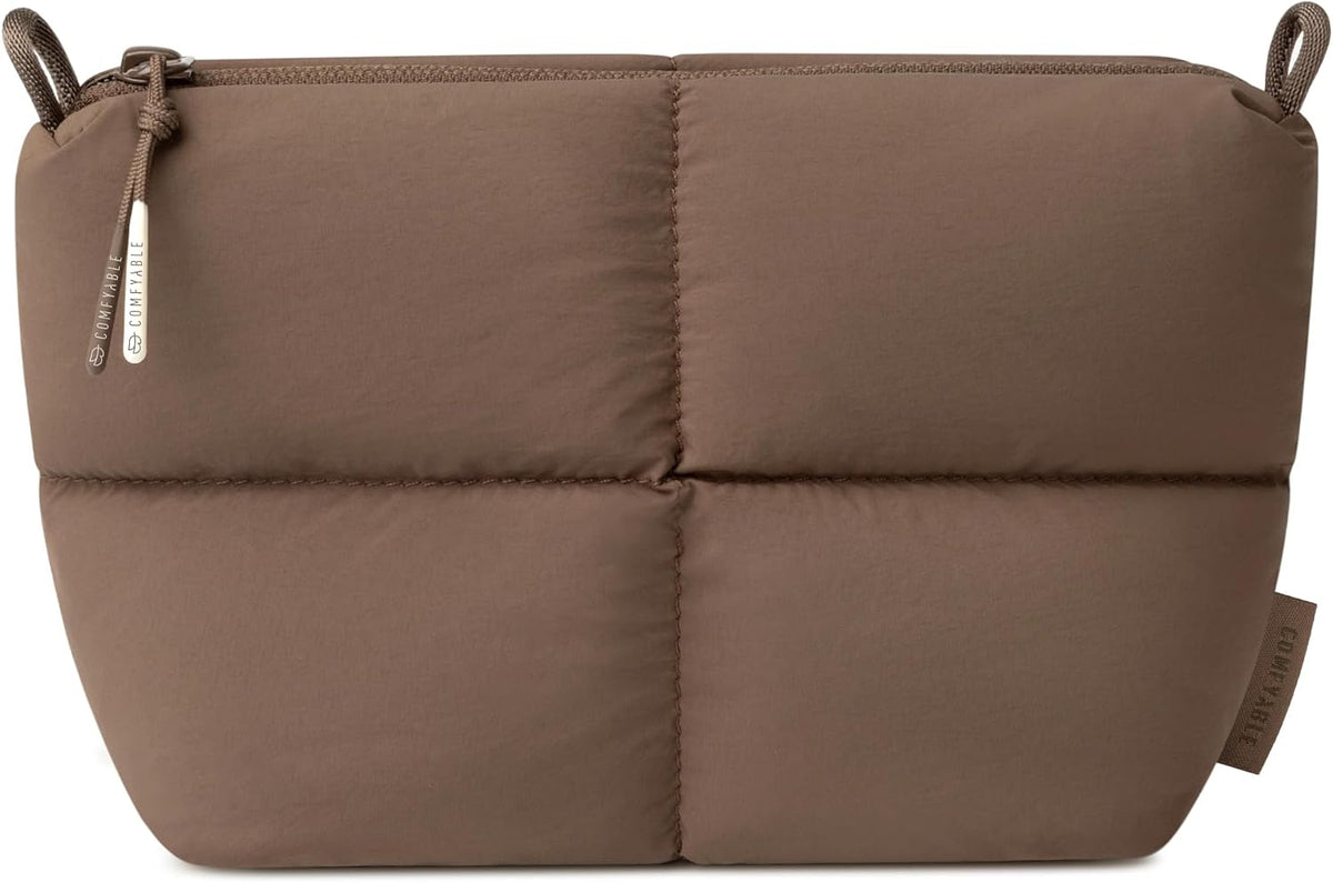 Comfyable Puffy Electronics Organizer Travel Case, Cute Tech Pouch for Women Men, Cable Storage Bag for Charger, Phone, Power Bank, Cord, Compact Tech Accessories Pouch, Mocha Brown