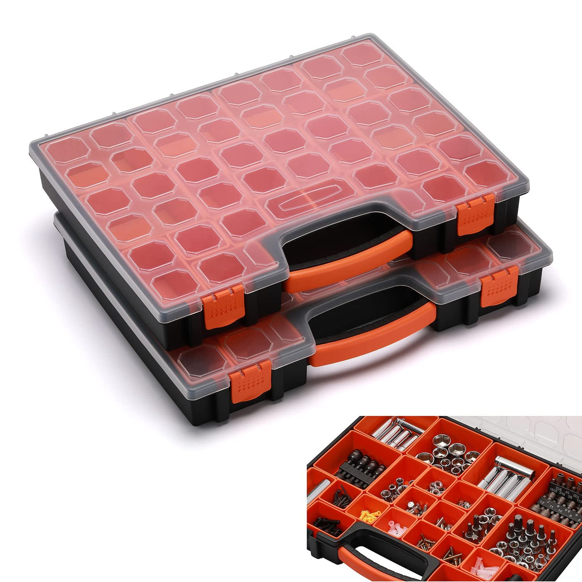Tool Box Organizer Interlocking Black Small Parts Organizer for Fasteners and Crafts w/Removable Dividers (2 Piece Pack)