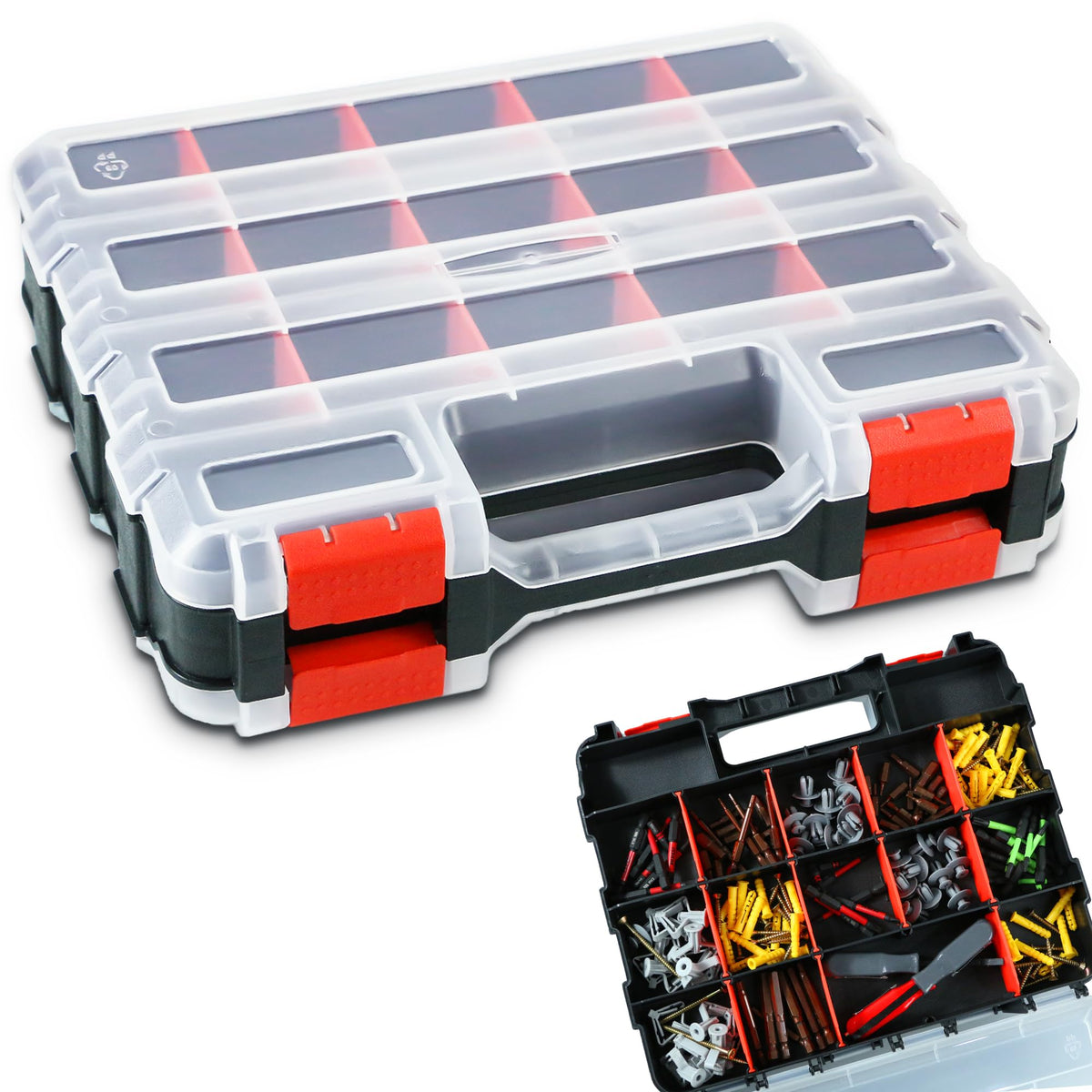 AMM Tool Box, Double Side Tool Box Organizer with 34 Compartments, Removable Dividers, Tackle Box Small Parts Screw Hardware Organizer for Screws, Nuts, Nails and Bolts (2 Piece, Red)