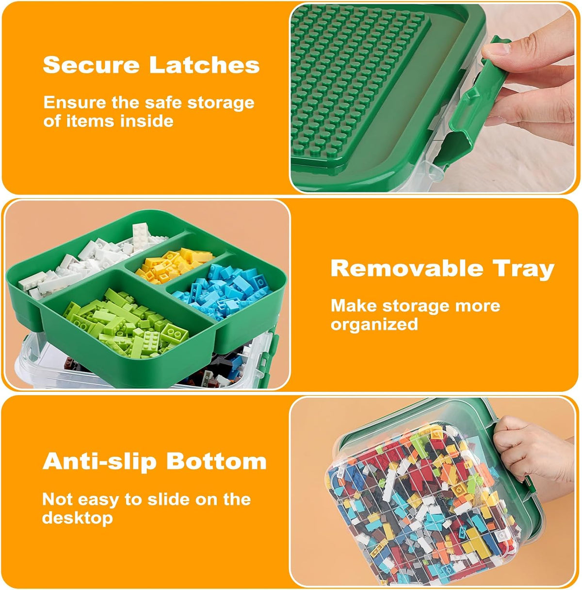 Plastic Storage Container with Bricks Baseplate Lid for Blocks, Green