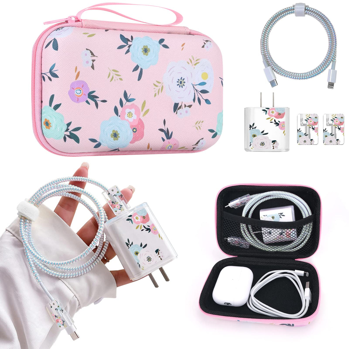 Cute Phone Charger Protector Set with Storage bag Case Yellow Sunflowers Travel Carrying Bag Data Cable 20W USB Charger Data Line Cable Protector Cord Organizer, Lightning Cable Chomper,Charger Saver