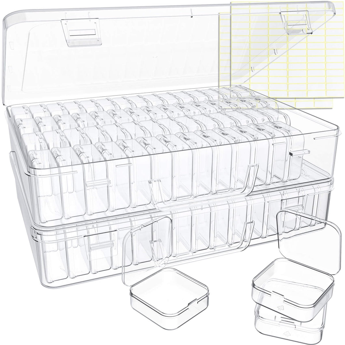 Bead Organizer Box, 120 Pack Small Clear Storage Boxes with Labels, Large Travel Craft Case with Handle, Mini Plastic Containers for Jewelry Making Diamonds DIY Pony Bracelet Screws Seeds Small Parts