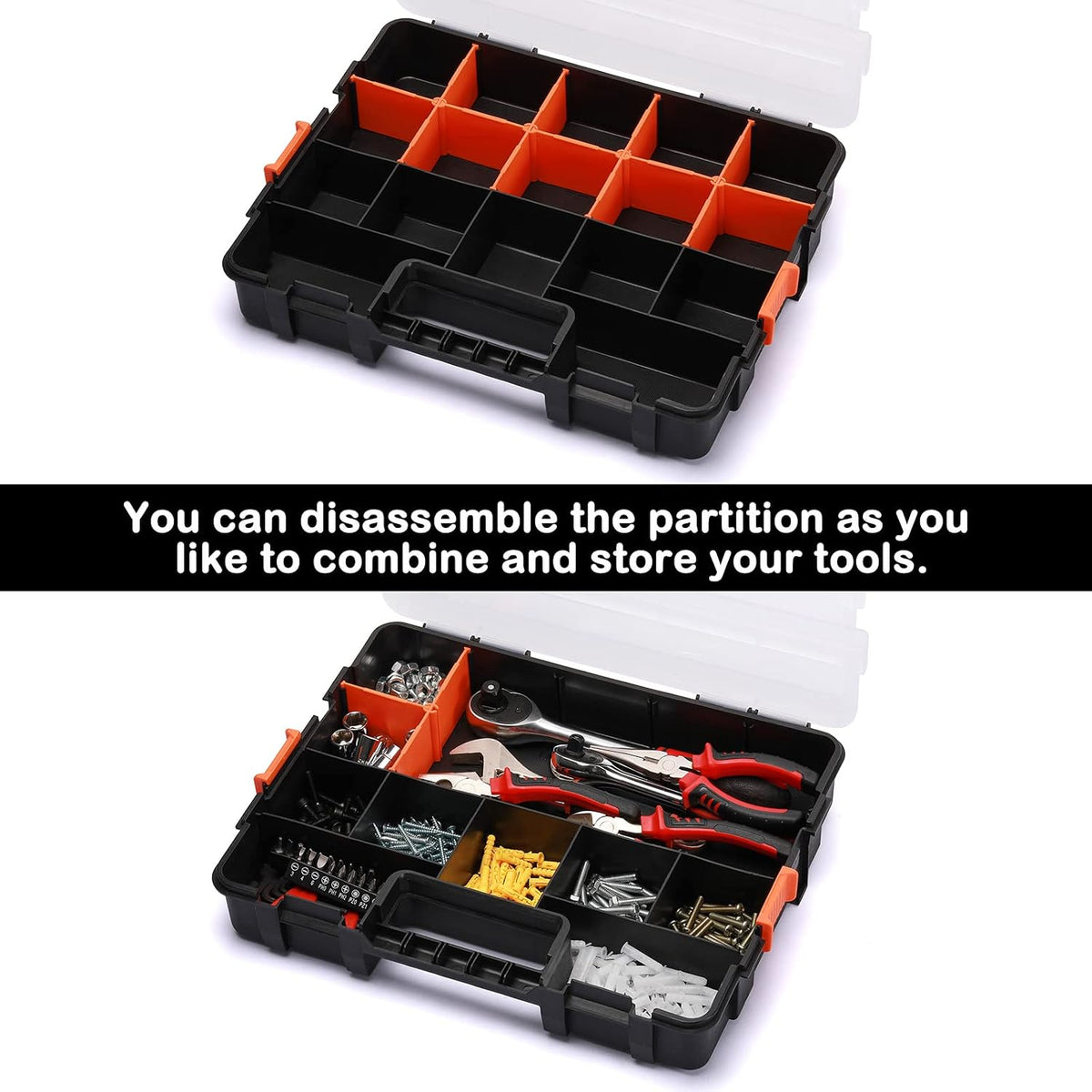 Tool Box Organizer Interlocking Black Small Parts Organizer for Fasteners and Crafts w/Removable Dividers (2 Piece Pack)