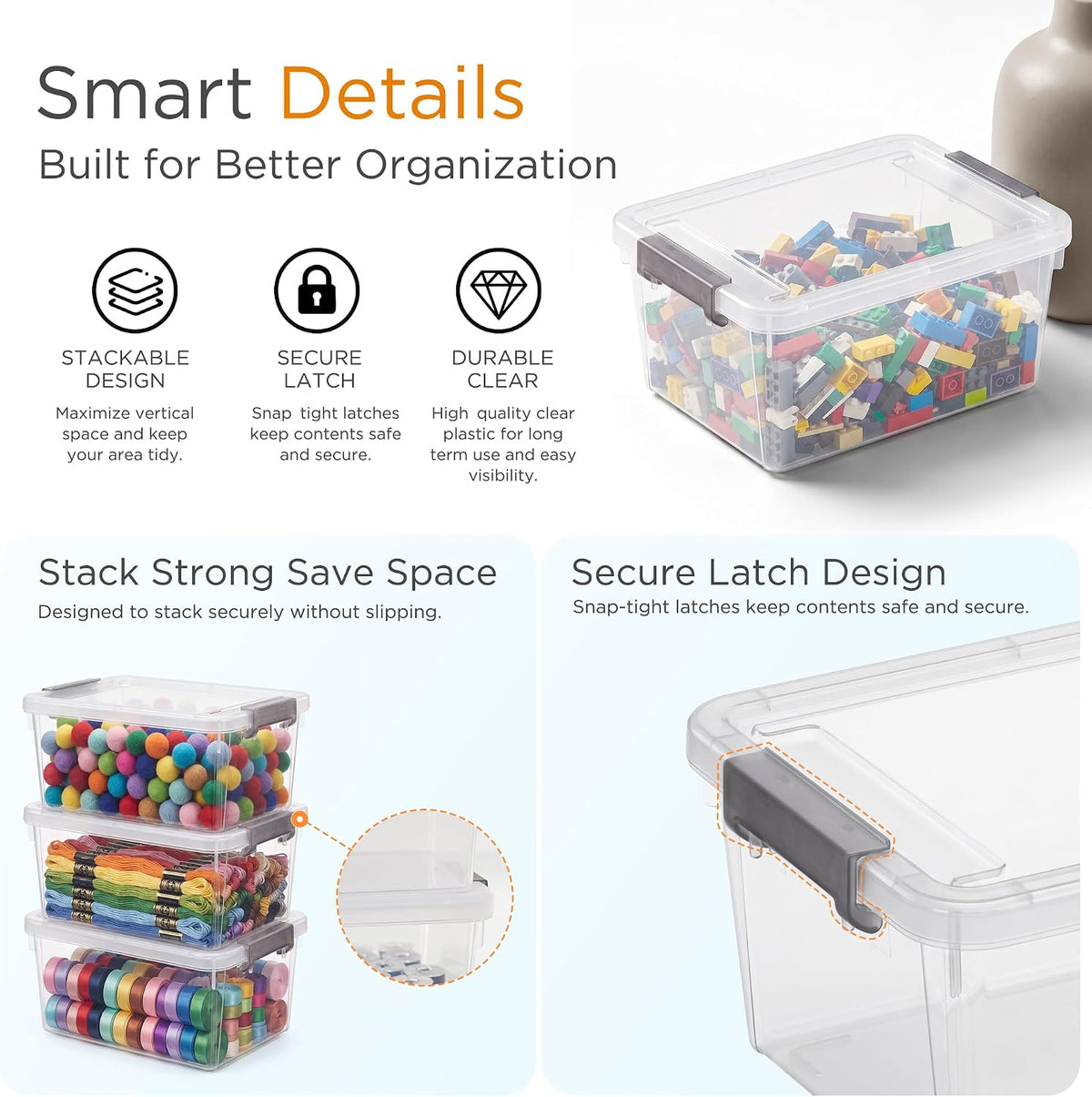Citylife 10Packs 1.3Qt Small Storage Bins with Lids,Stackable Clear