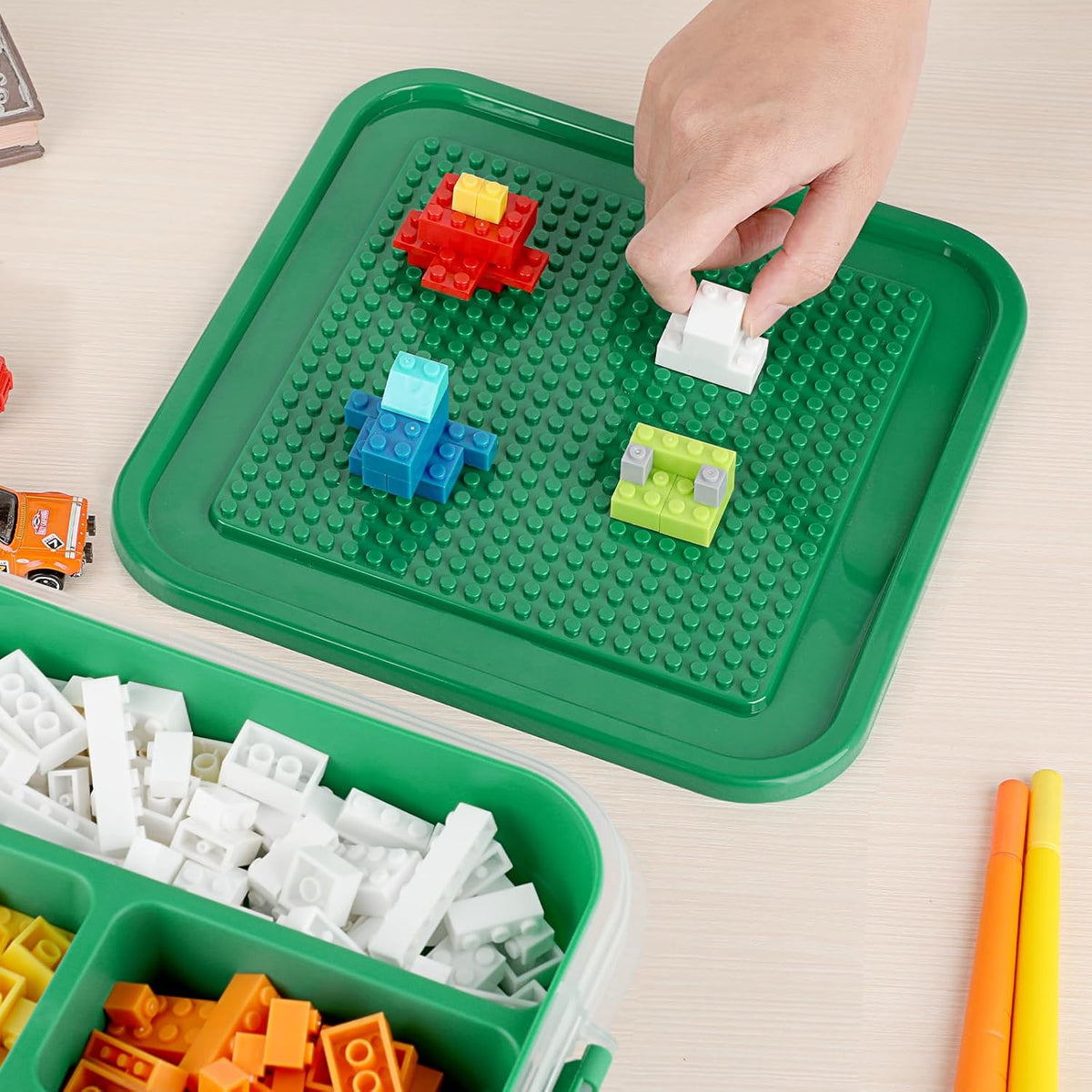Plastic Storage Container with Bricks Baseplate Lid for Blocks, Green