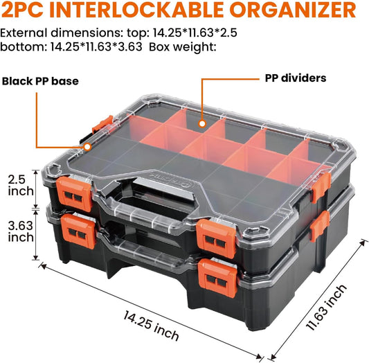 2PC Interlockable Tool Organizer, Toolbox with Adjustable Dividers & Bins & Transparent Lids Portable Hardware Storage Box for Screws, Nuts, Fishing Accessories (Black&Orange)