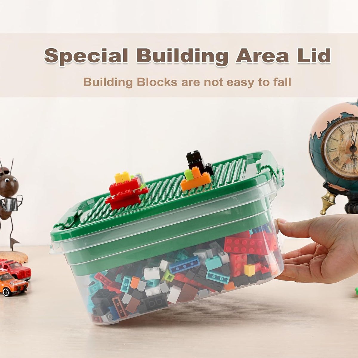Plastic Storage Container with Bricks Baseplate Lid for Blocks, Green
