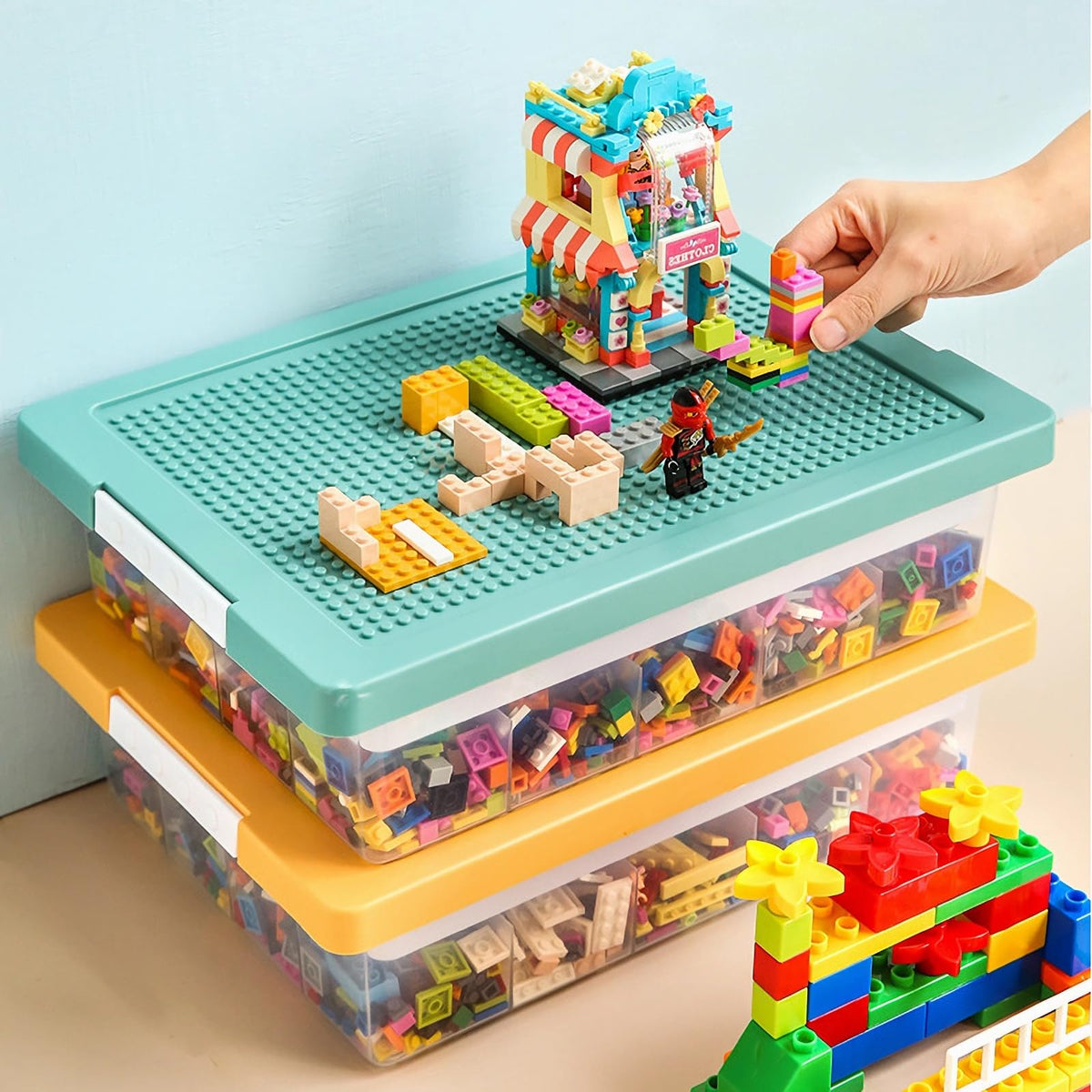Toys Storage Organizer Box for Lego, Toy Storage Box with Building Plate Lid and Removable Tray, Building Block Storage, Stackable Plastic Organizer Bins(Yellow)