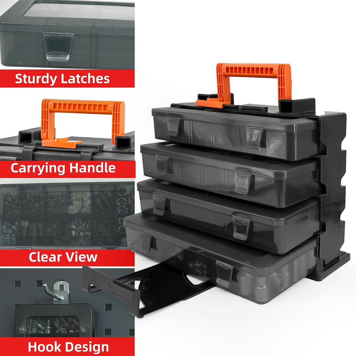 ZKH Small Parts Organizer Box, Clear Tackle Box Organizer with 4x12 Compartments, Removable Dividers, Stackable Bead Organizer Box, Ideal Craft Organizers and Storage for Beads,Screws,Fishhooks,Parts