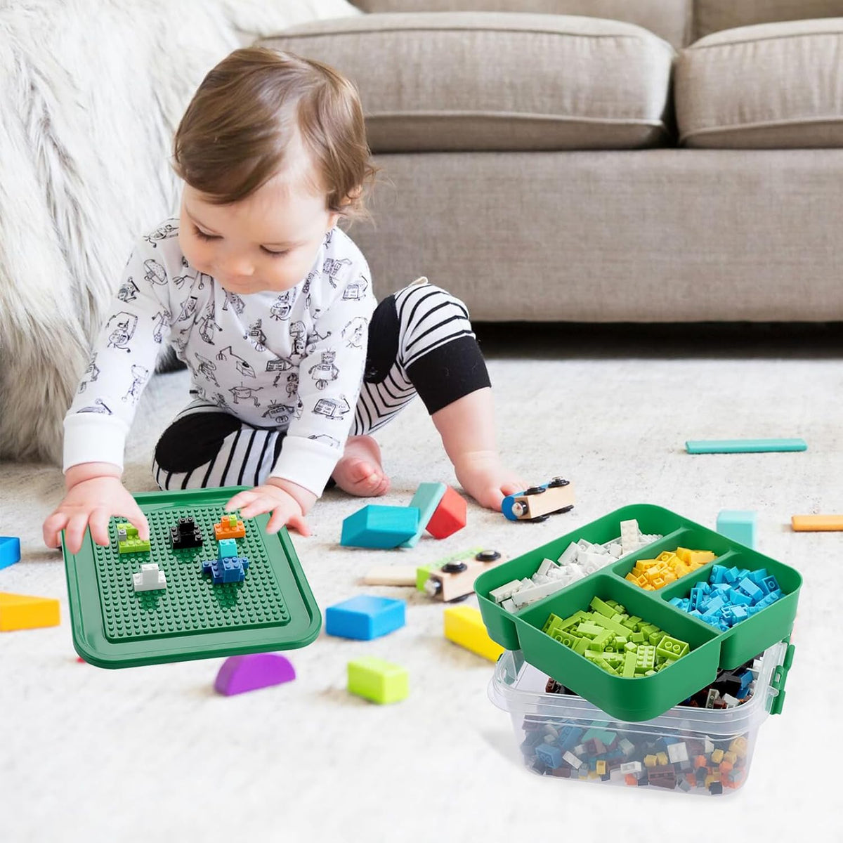 Plastic Storage Container with Bricks Baseplate Lid for Blocks, Green