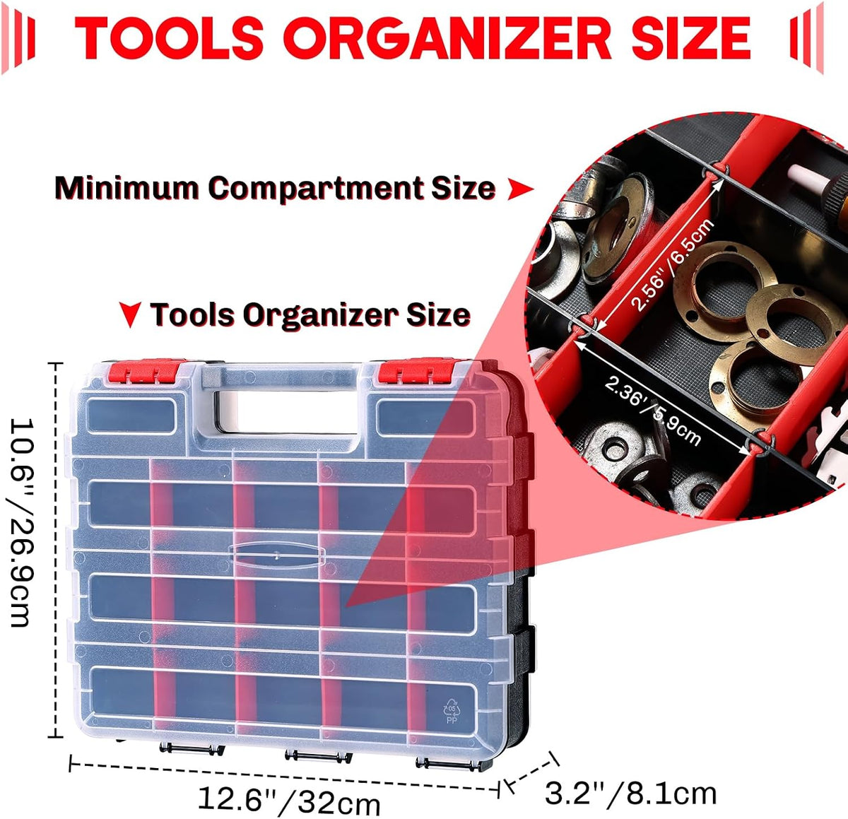 Small Parts Organizer Storage Case Tools Box 34-Compartments (Red)