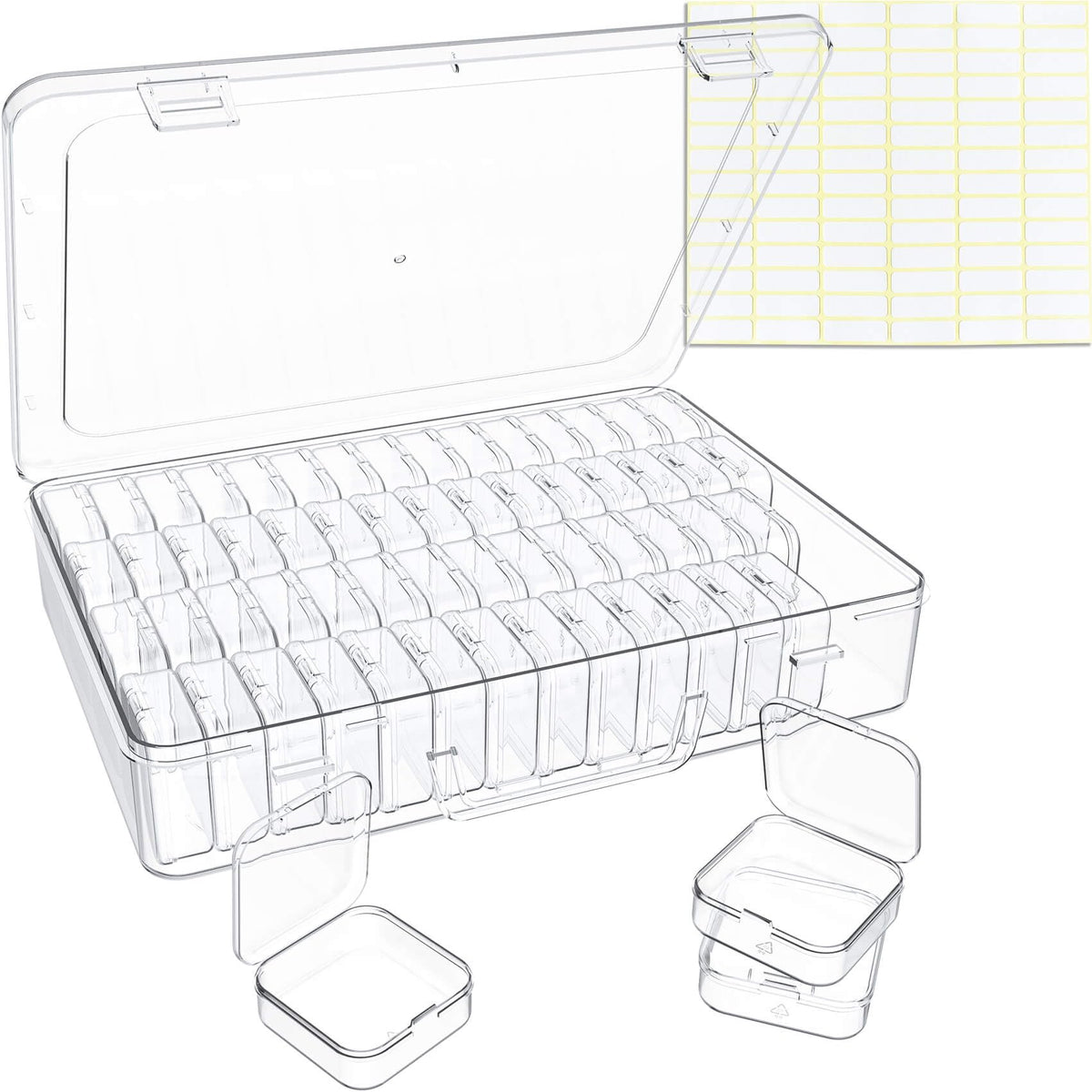 Bead Organizer Box, 120 Pack Small Clear Storage Boxes with Labels, Large Travel Craft Case with Handle, Mini Plastic Containers for Jewelry Making Diamonds DIY Pony Bracelet Screws Seeds Small Parts