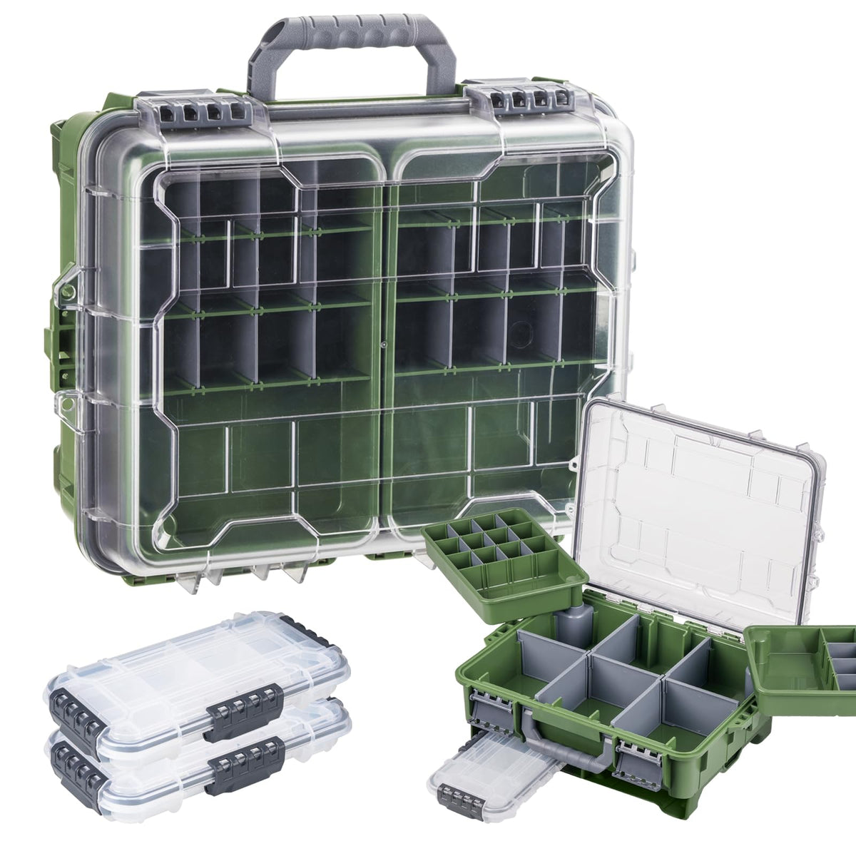 THKFISH Waterproof Tackle Box, Portable Fishing & Tackle Storage Box with Two 3500 Stowaway Boxes and Removable Dividers, Tackle Box, Thicker Floating Airtight Stowaway,Pink/Green/Blue/Grey