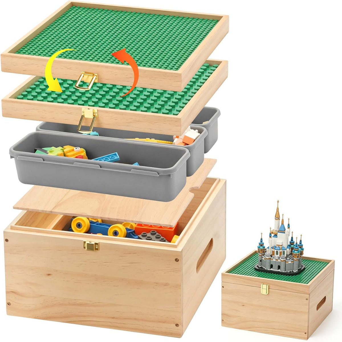 Wooden Storage Box for Lego with Dual-Sided Building Baseplate Lid