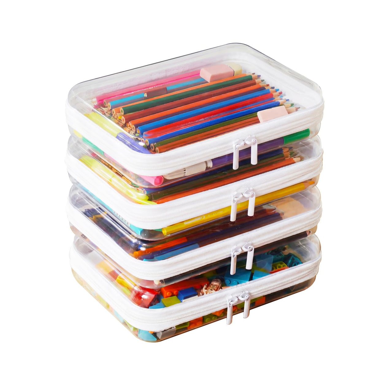 4PCS Large Clear Hard Shell Zipper Case, Makeup Organizer & Toy Storage Bag for Lego Bricks, Diaper Pouches, Cosmetic Bags, Transparent Pencil box, Puzzle Board Game, Portable Travel Toiletries