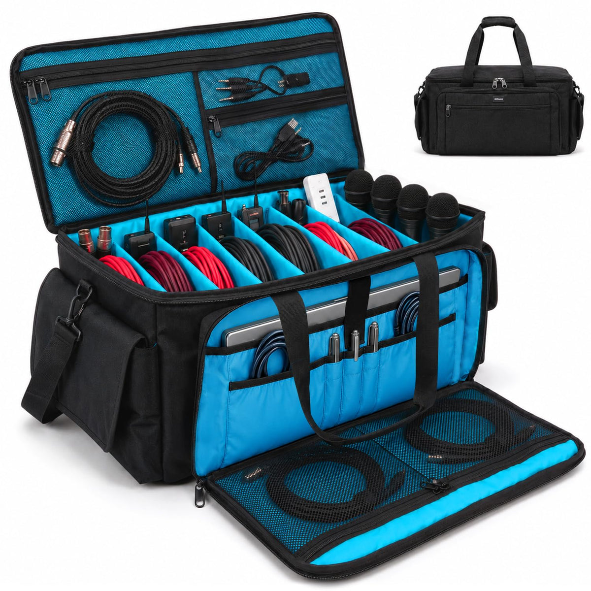 Large DJ Cable Bag Organizer with Laptop Pocket & Adjustable Dividers