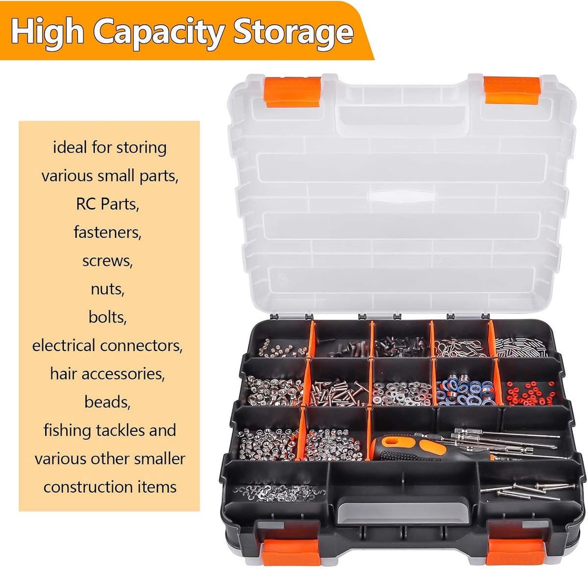 HobbyPark RC Hardware Organizer Box Adjustable Compartments Removable Dividers Durable Plastic Double Side Tools Box Screw Organizer For Nuts, Bolts, Screws, Nails, Small Parts, Tools