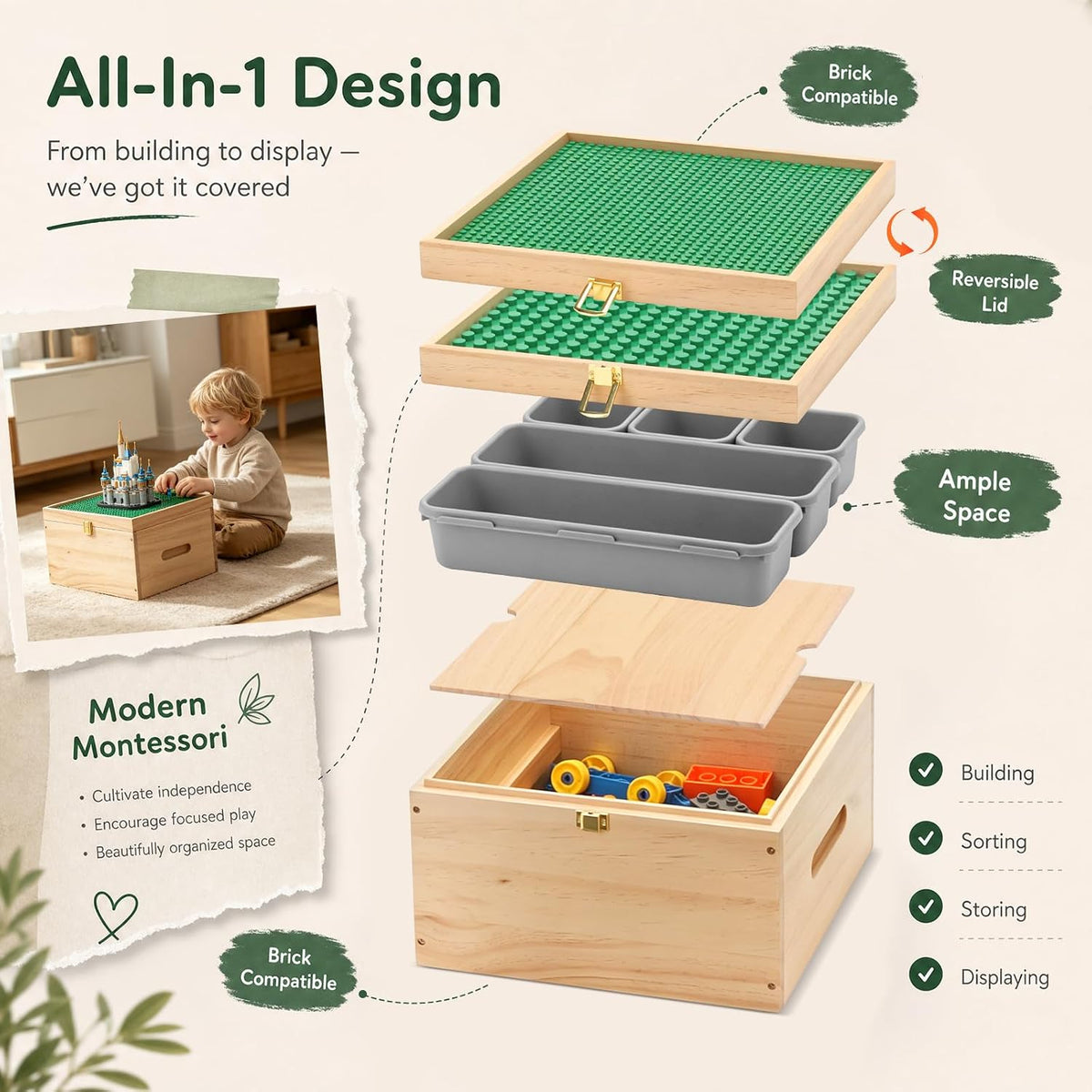 Wooden Storage Box for Lego with Dual-Sided Building Baseplate Lid