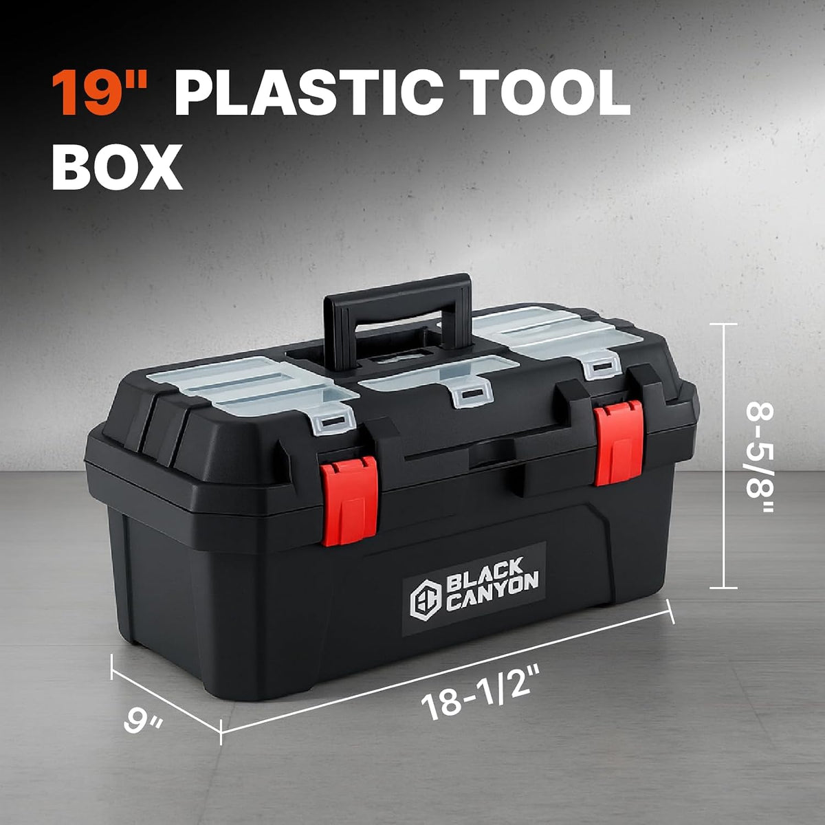 Black Canyon Tool Box - 19 Inch Plastic Dual-Layer Design, 44 lbs Load Capacity Portable Tool Box, Ergonomic Handle, Stackable & Top-Lid Storage, Perfect for DIY, Workshop & Job Site Organization