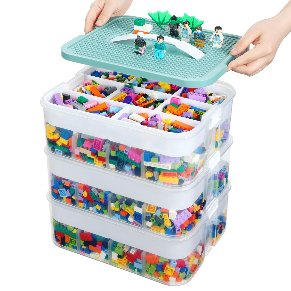 Douorgan Toy Storage Organizer for Lego Stackable Organizer Bins with Compartments Portable Containers with Lids Building Blocks Miniature Organizer Storage Box Toy Chest Case (1 Layer)